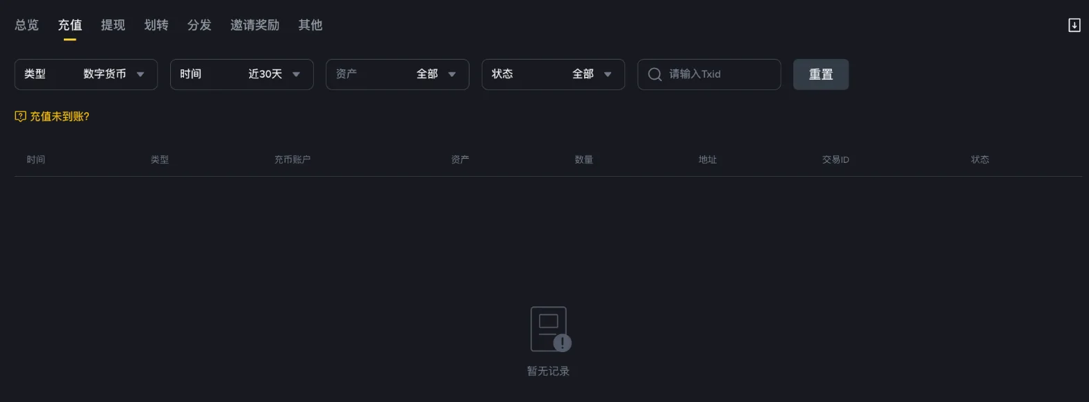 币安充值记录页面,筛选栏下方有“充值未到账?”入口