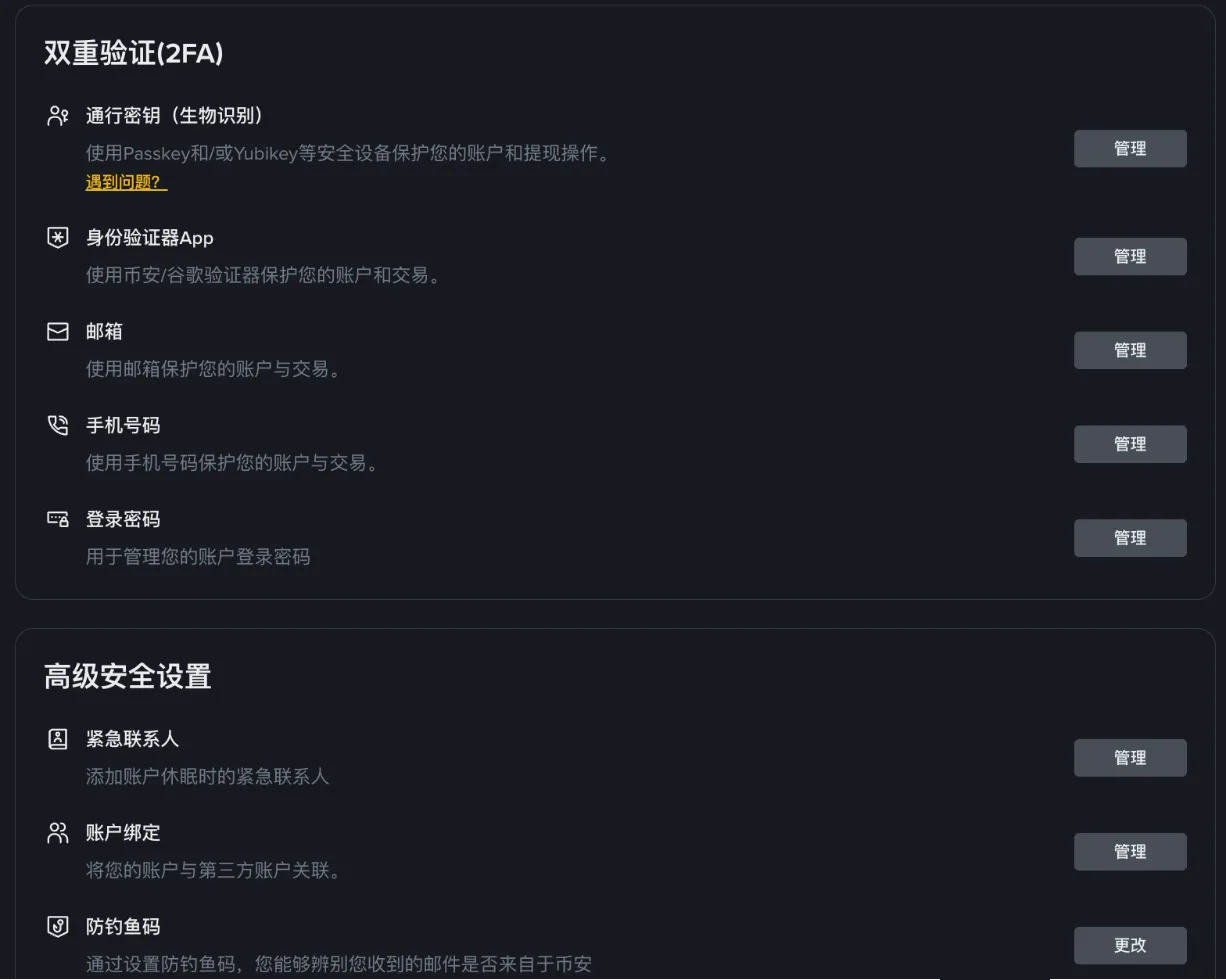 幣安帳戶安全頁面的雙重驗證列表，包含通行金鑰、身份驗證器 App、郵箱、手機號碼和登入密碼