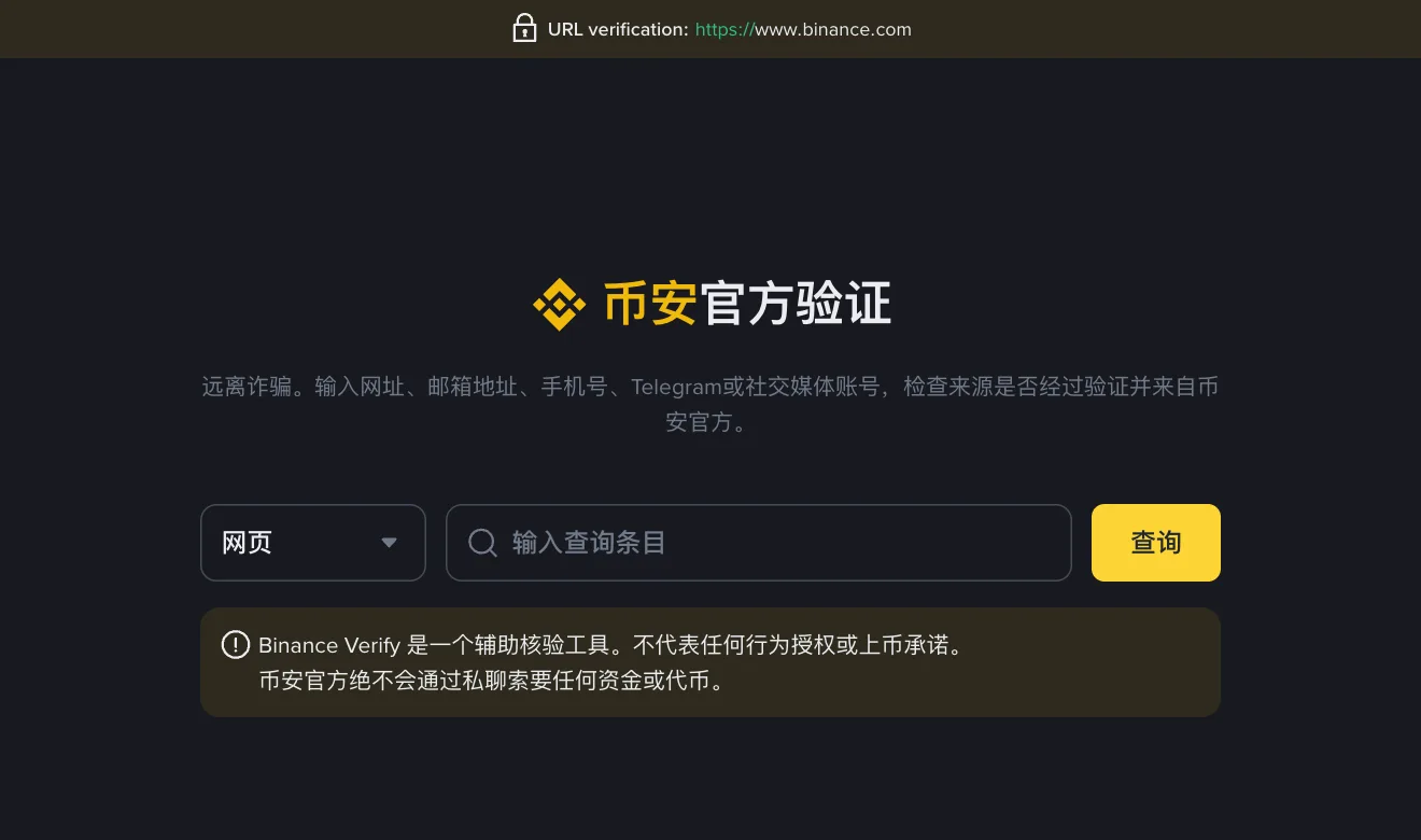币安官方验证页面，可以选择网页、邮箱等类型并输入查询条目