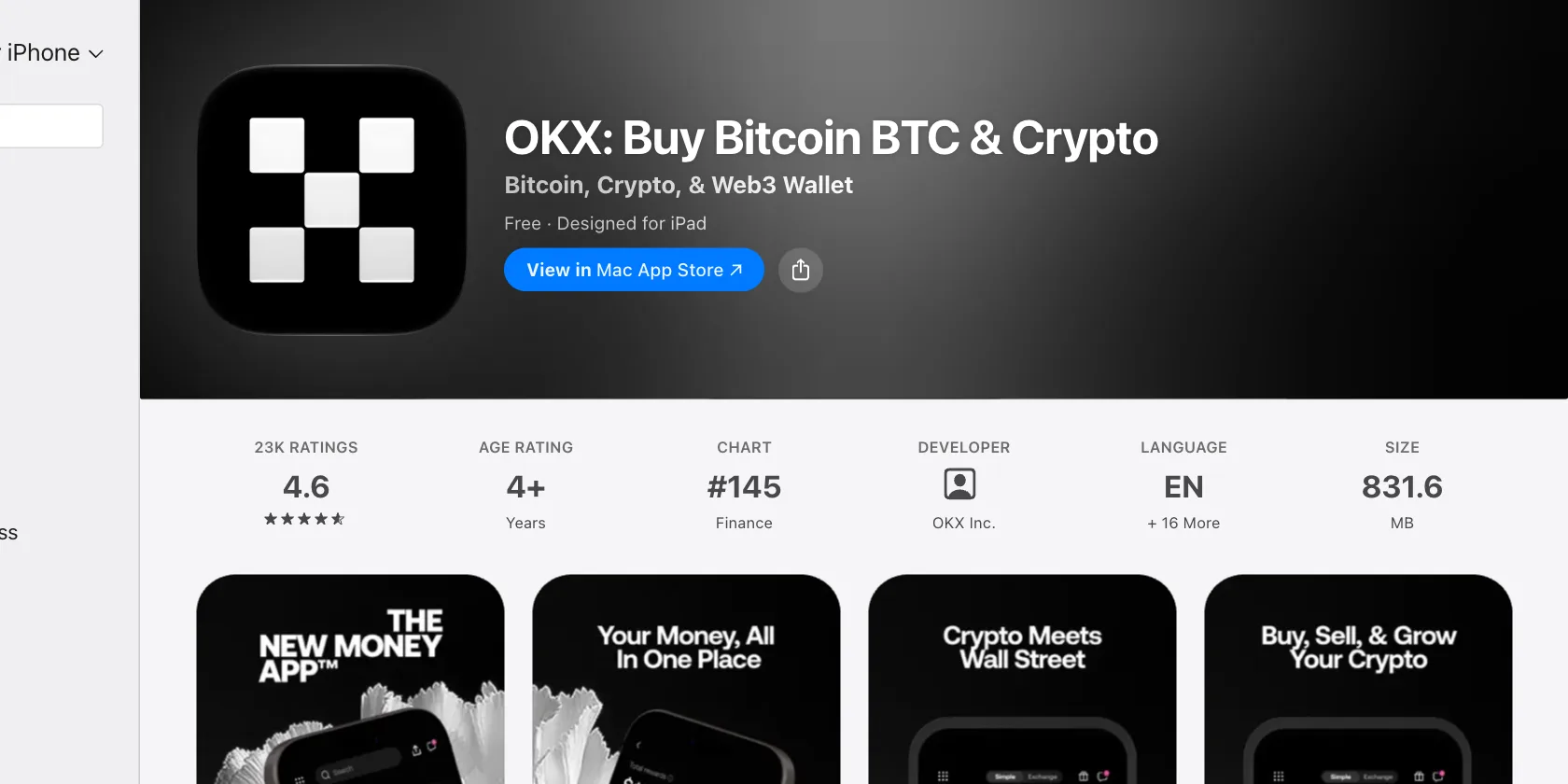 美区 App Store 中的 OKX 应用页面，应用名为 OKX: Buy Bitcoin BTC & Crypto，开发者显示为 OKX Inc.
