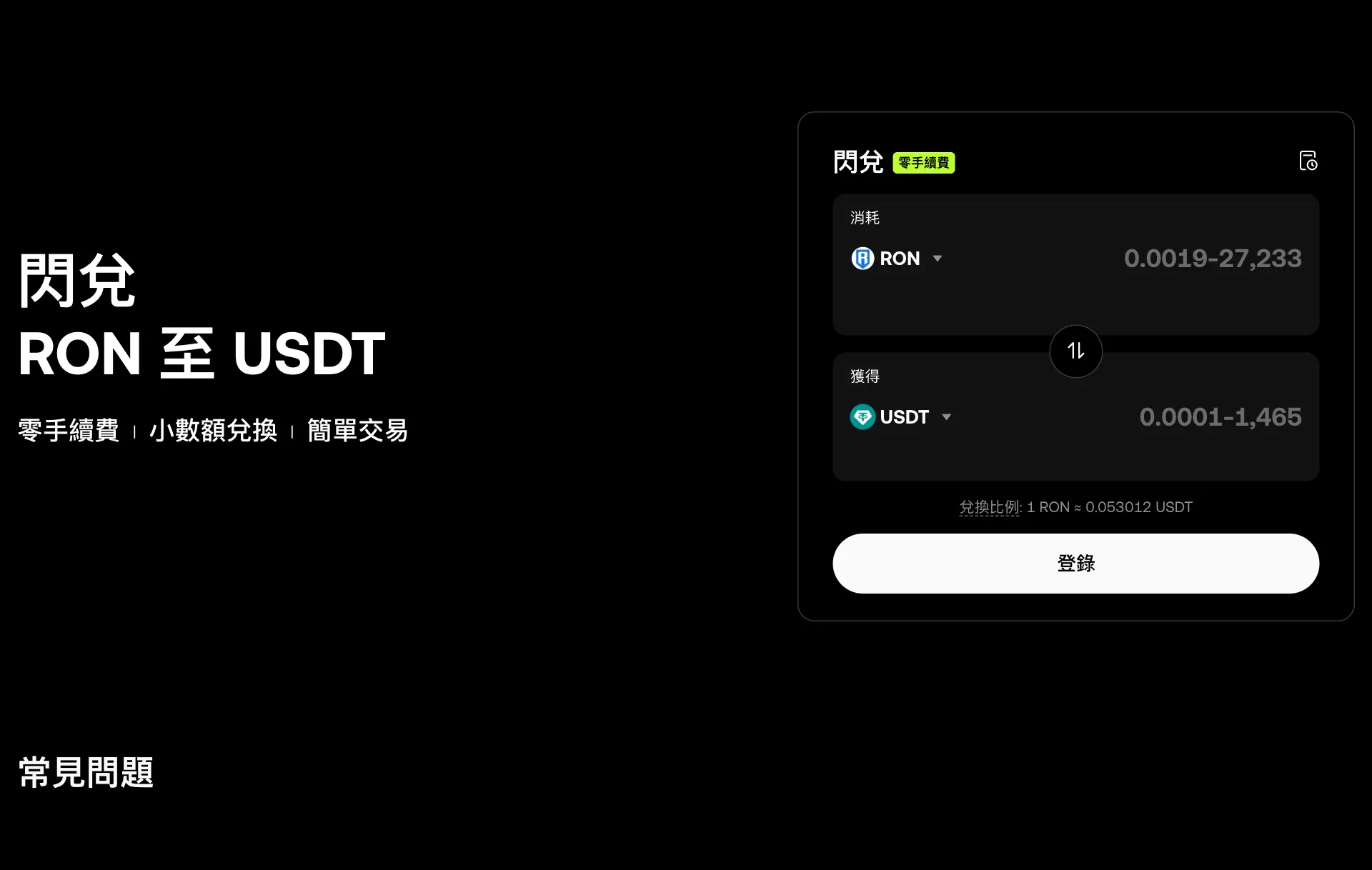歐易閃兌頁面，左側寫著「閃兌 RON 至 USDT」和「零手續費、小數額兌換、簡單交易」，右側兌換卡片顯示消耗 RON、獲得 USDT，以及兌換比例 1 RON ≈ 0.053012 USDT