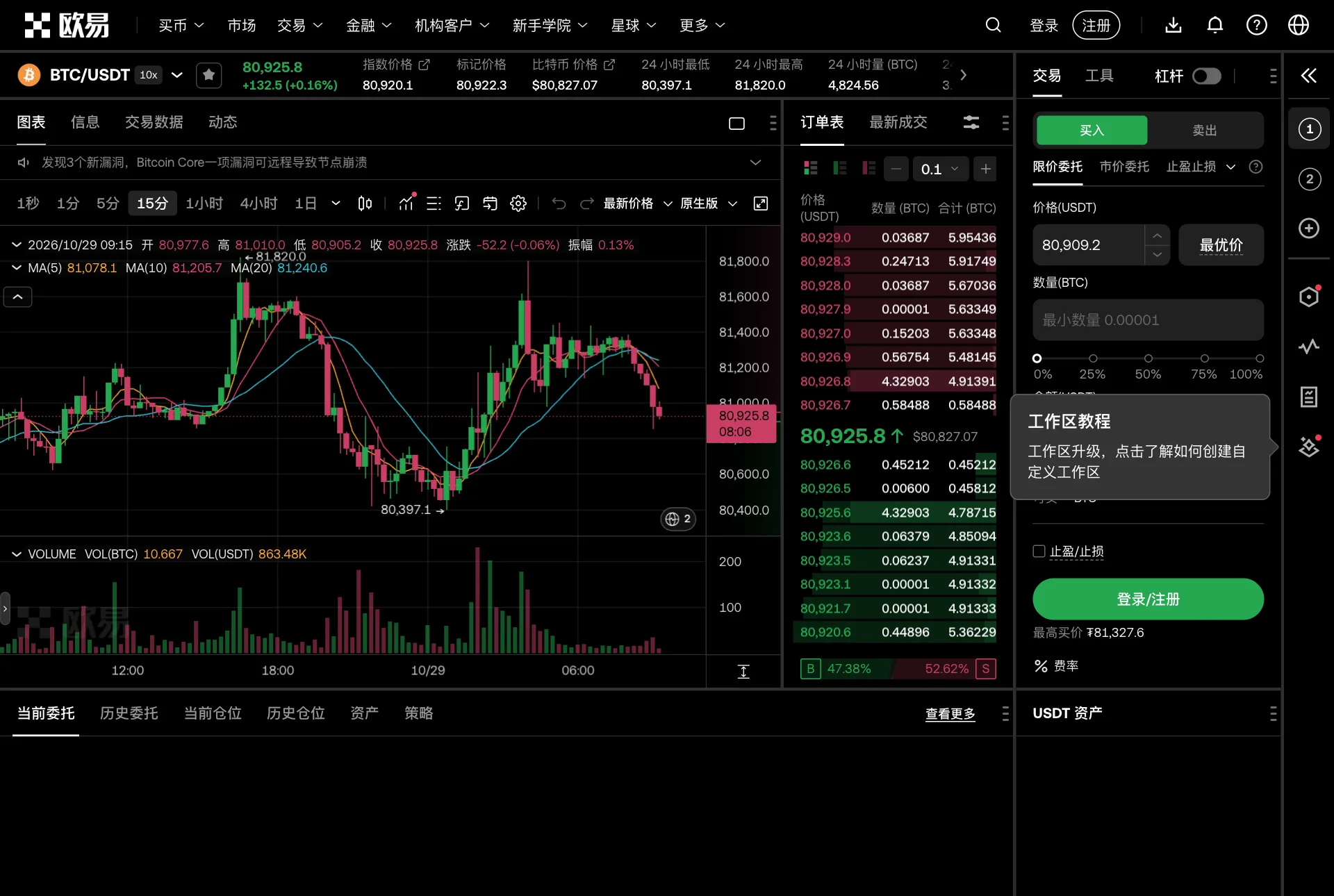 欧易 BTC/USDT 现货交易页面，左侧 K 线图，中间订单表红色卖单和绿色买单，右侧下单区选中买入和限价委托，价格输入框旁有最优价按钮