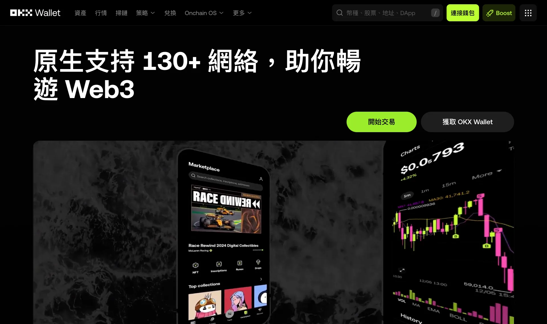 OKX Wallet 官網首頁，標題為原生支援 130+ 網路，助你暢遊 Web3