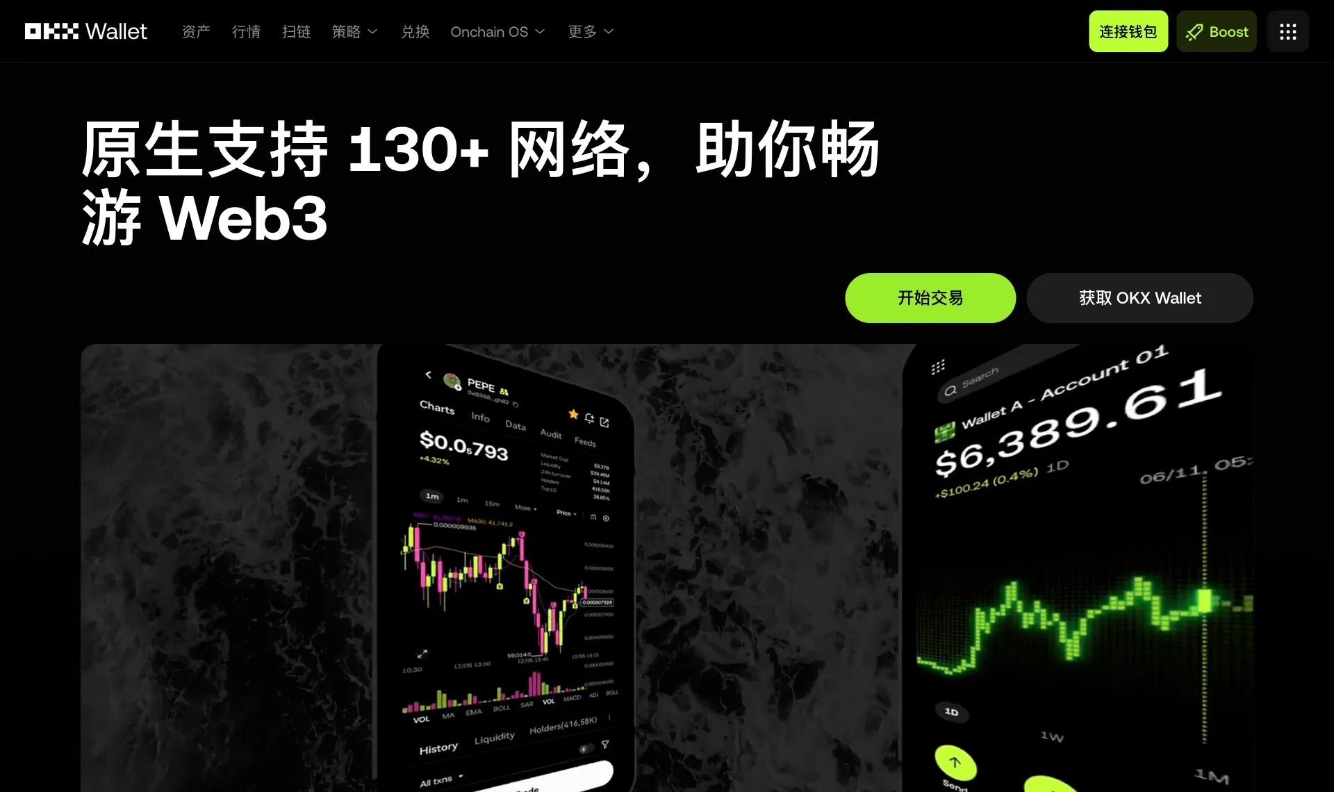 OKX Wallet 官网首页，标题为原生支持 130+ 网络，助你畅游 Web3
