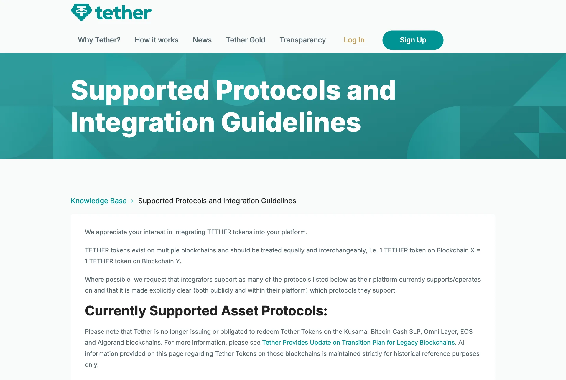 Tether 官网支持协议与接入指引页面，说明 USDT 存在于多条区块链，并列出已停止发行的链