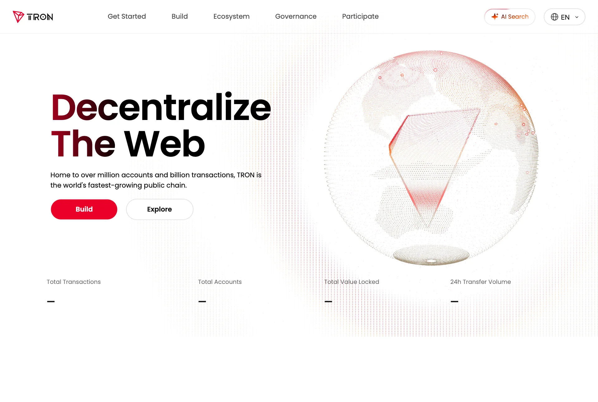 TRON 官网首页，大标题 Decentralize The Web，下方是关于账户数和交易数的介绍，以及 Build、Explore 两个按钮，底部四项统计数据未显示数值