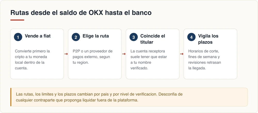Rutas desde el saldo de OKX hasta el banco: vende a fiat, elige la ruta, coincide el titular, vigila los plazos