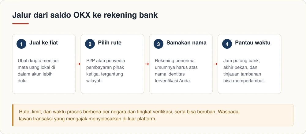 Jalur dari saldo OKX ke rekening bank: jual ke fiat, pilih rute, samakan nama, pantau waktu
