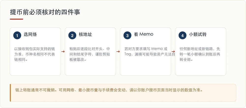提币前必须核对的四件事:选网络、核地址、看Memo、小额试转