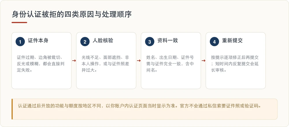 身份认证被拒的四类原因与处理顺序:证件本身、人脸核验、资料一致、重新提交